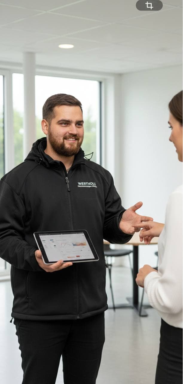 Markus Knaub bei der persönlichen Kundenberatung mit Tablet — Ihr Ansprechpartner für Schimmelpilzbegutachtung in Köln