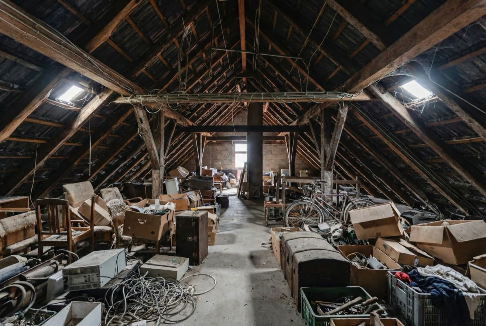 Dachboden mit Holzbalken, voll mit Kisten und altem Hausrat